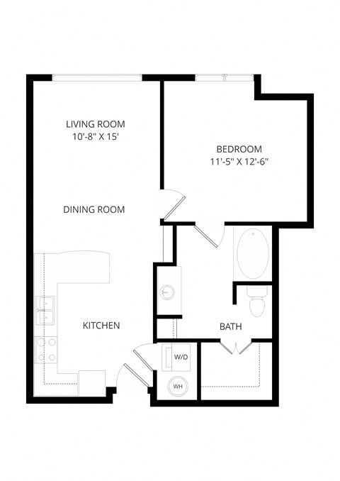 Floor plan for 1 bed, 1 bath, 630 sqft